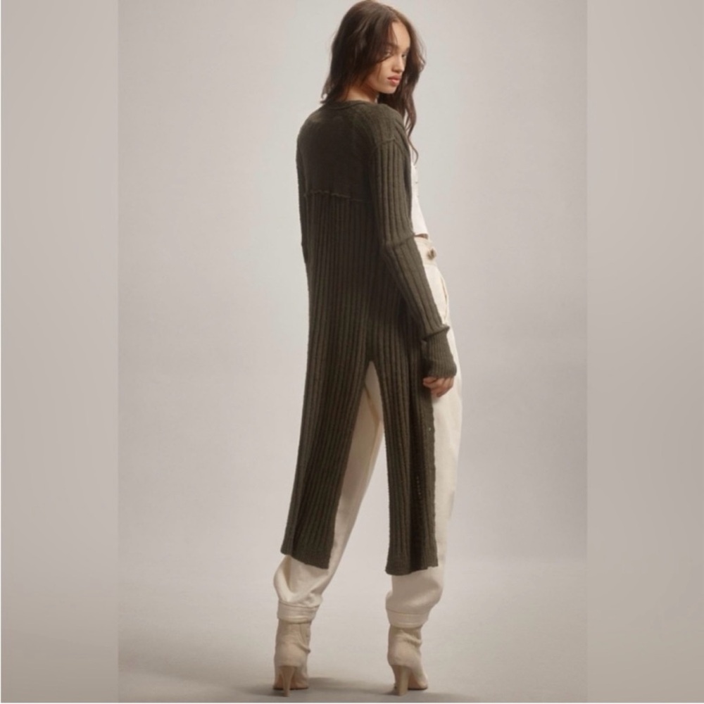 LOW START - ANTHROPOLOGIE Pilcro Duster Women’s Medium Olive Long Sweater - Picture 3 of 11
